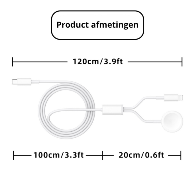 USB - C - Oplaadkabel geschikt voor Apple Watch Series 1/2/3/4/5/6/7/8/9/10/11/SE/Ultra/Ultra 2/Ultra 3 & Geschikt voor Apple iPhone vanaf 15 - 1,2 meter - TPE - Wit