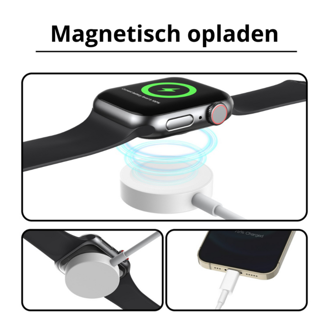 USB - C - Oplaadkabel geschikt voor Apple Watch Series 1/2/3/4/5/6/7/8/9/10/11/SE/Ultra/Ultra 2/Ultra 3 & Geschikt voor Apple iPhone vanaf 15 - 1,2 meter - TPE - Wit