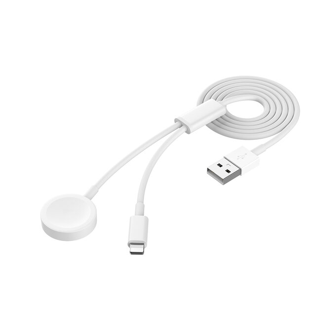USB - A - Oplaadkabel geschikt voor Apple Watch Series 1/2/3/4/5/6/7/8/9/10/11/SE/Ultra/Ultra 2/Ultra 3 & Geschikt voor alle Apple iPhone t/m 14 - 1,2 meter - TPE - Wit
