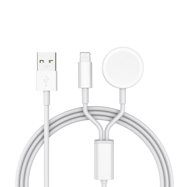 USB - A - Oplaadkabel geschikt voor Apple Watch Series 1/2/3/4/5/6/7/8/9/10/11/SE/Ultra/Ultra 2/Ultra 3 & Geschikt voor alle Apple iPhone t/m 14 - 1,2 meter - TPE - Wit