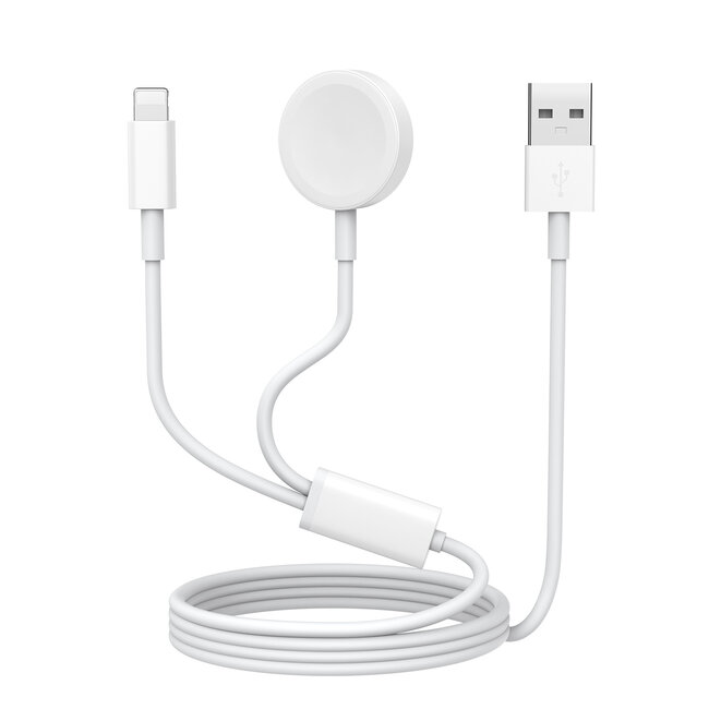 USB - A - Oplaadkabel geschikt voor Apple Watch Series 1/2/3/4/5/6/7/8/9/10/11/SE/Ultra/Ultra 2/Ultra 3 & Geschikt voor alle Apple iPhone t/m 14 - 1,2 meter - TPE - Wit