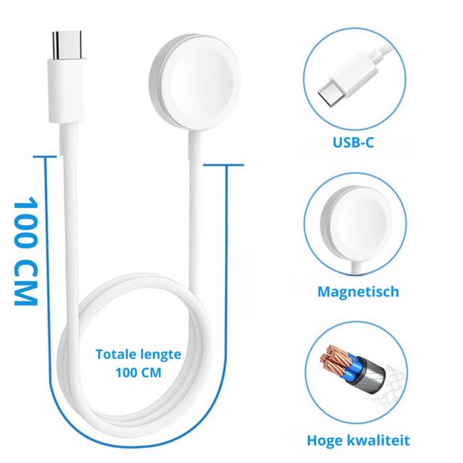 Case2go - Oplaadkabel geschikt voor Apple Watch Series 1/2/3/4/5/6/7/8/9/10/11/SE/Ultra/Ultra 2/Ultra 3 - USB-C kabel - 1.00 meter - Wit