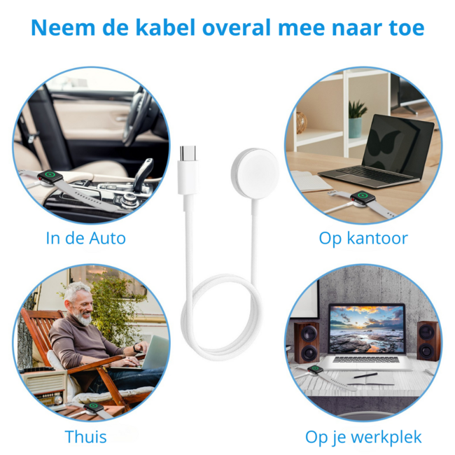 Case2go - Oplaadkabel geschikt voor Apple Watch Series 1/2/3/4/5/6/7/8/9/10/11/SE/Ultra/Ultra 2/Ultra 3 - USB-C kabel - 1.00 meter - Wit