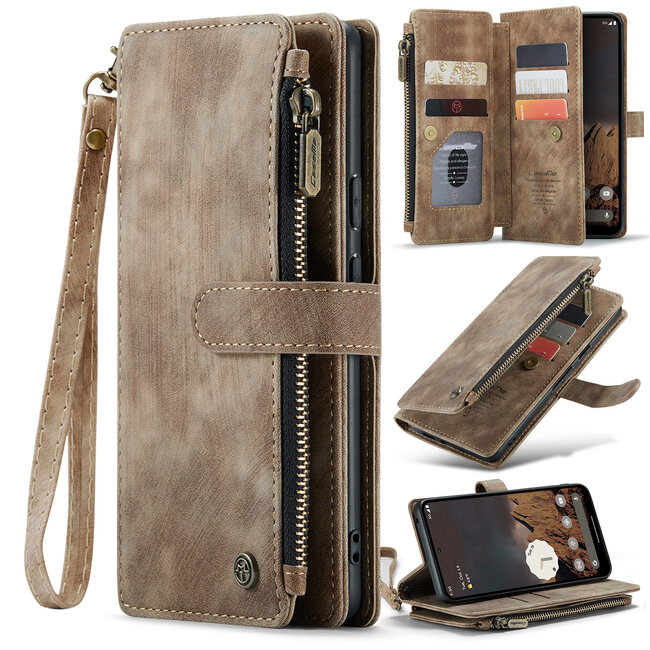 CaseMe - Hoesje geschikt voor Google Pixel 10/10 Pro - Vintage Wallet Book Case Ritssluiting - Met Magneetsluiting - Bruin
