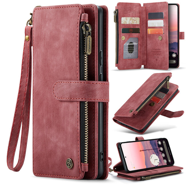 CaseMe - Hoesje geschikt voor Google Pixel 10/10 Pro - Vintage Wallet Book Case Ritssluiting - Met Magneetsluiting - Rood