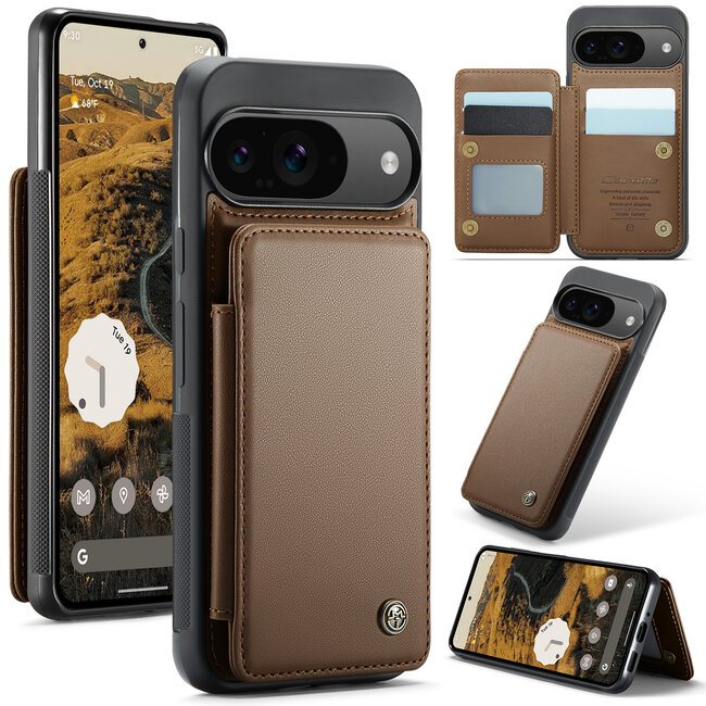 CaseMe - Telefoonhoesje geschikt voor Google Pixel 10/10 Pro - Back Cover met RFID Pasjeshouder - Bruin
