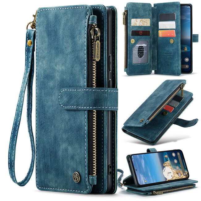 CaseMe - Hoesje geschikt voor Google Pixel 10/10 Pro - Vintage Wallet Book Case Ritssluiting - Met Magneetsluiting - Blauw