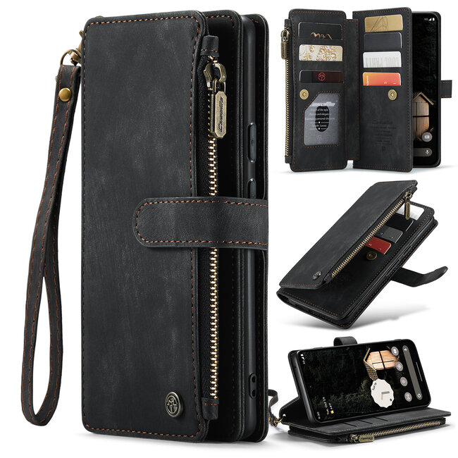 CaseMe - Hoesje geschikt voor Google Pixel 10 Pro XL - Vintage Wallet Book Case Ritssluiting - Met Magneetsluiting - Zwart