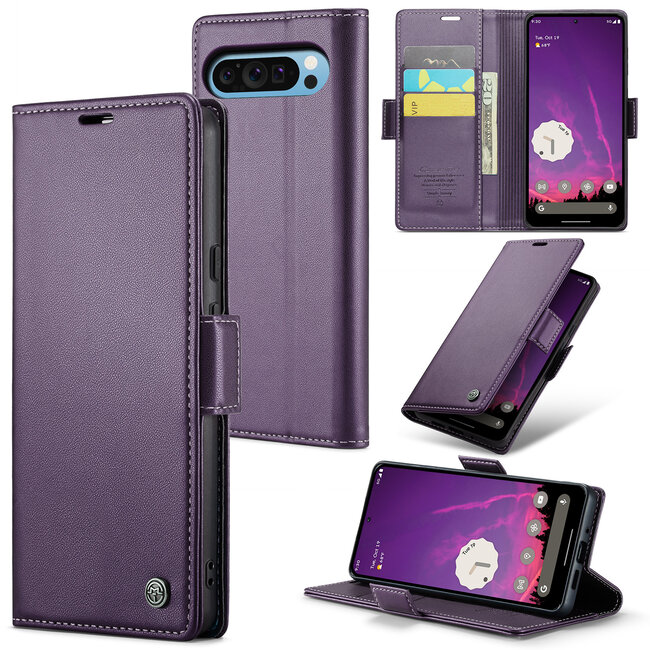CaseMe - Hoesje geschikt voor Google Pixel 10 Pro XL - Retro Wallet Book Case - Met Magnetische Sluiting - Paars