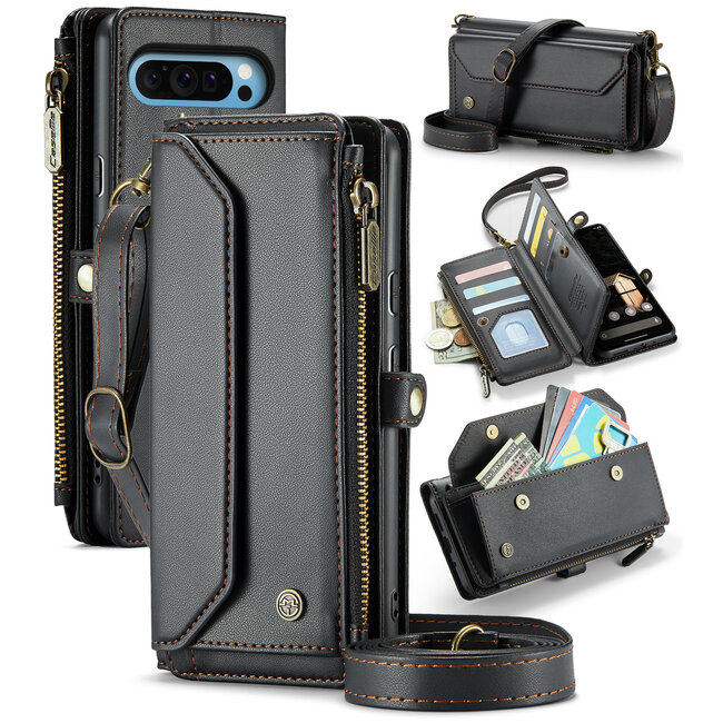 CaseMe - Telefoonhoesje geschikt voor Google Pixel 10 Pro XL - Wallet Book Case met Schouder Strap - Zwart