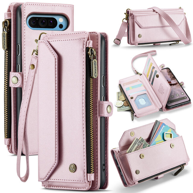 CaseMe - Telefoonhoesje geschikt voor Google Pixel 10 Pro XL - Wallet Book Case met Schouder Strap - Licht Roze
