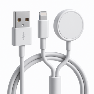 Case2go USB - A - Oplaadkabel geschikt voor Apple Watch Series 1/2/3/4/5/6/7/8/9/10/11/SE/Ultra/Ultra 2/Ultra 3 & Geschikt voor alle Apple iPhone t/m 14 - 1,2 meter - TPE - Wit