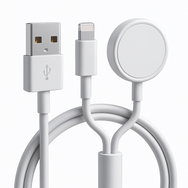 USB - A - Oplaadkabel geschikt voor Apple Watch Series 1/2/3/4/5/6/7/8/9/10/11/SE/Ultra/Ultra 2/Ultra 3 & Geschikt voor alle Apple iPhone t/m 14 - 1,2 meter - TPE - Wit