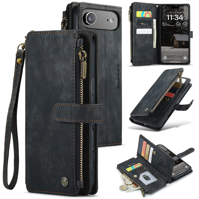 CaseMe - Hoesje geschikt voor Apple iPhone Air - Vintage Wallet Book Case Ritssluiting - Met Magneetsluiting - Zwart