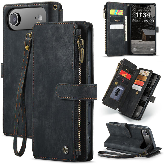 CaseMe - Hoesje geschikt voor Apple iPhone Air - Vintage Wallet Book Case Ritssluiting - Met Magneetsluiting - Zwart