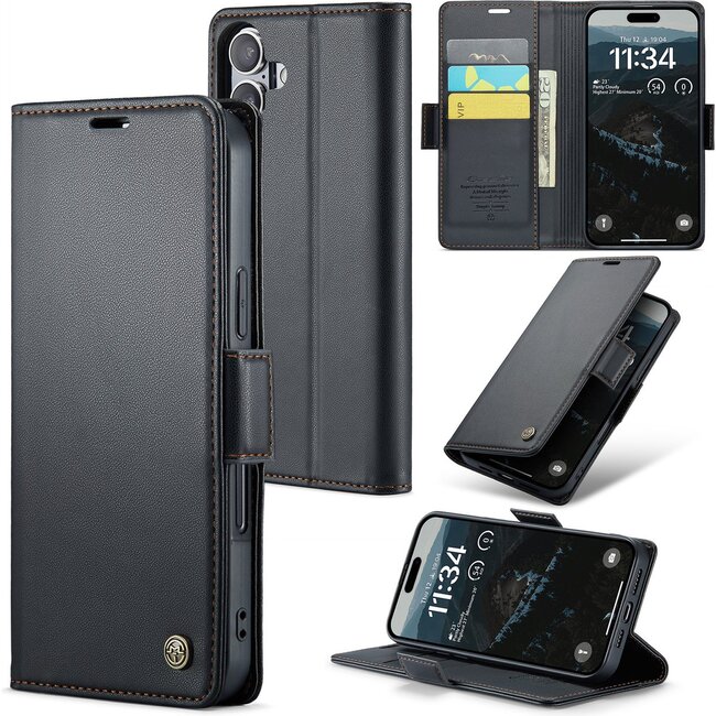 CaseMe - Hoesje geschikt voor Apple iPhone 17 - Retro Wallet Book Case - Met Magnetische Sluiting - Zwart