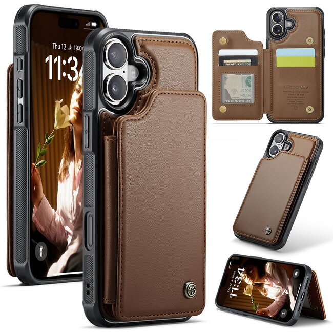 CaseMe - Telefoonhoesje geschikt voor Apple iPhone 17 - Back Cover met RFID Pasjeshouder - Bruin