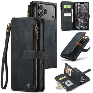 CaseMe CaseMe - Hoesje geschikt voor Apple iPhone 17 Pro Max - Vintage Wallet Book Case Ritssluiting - Met Magneetsluiting - Zwart