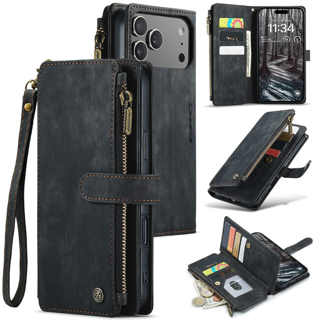 CaseMe - Hoesje geschikt voor Apple iPhone 17 Pro Max - Vintage Wallet Book Case Ritssluiting - Met Magneetsluiting - Zwart