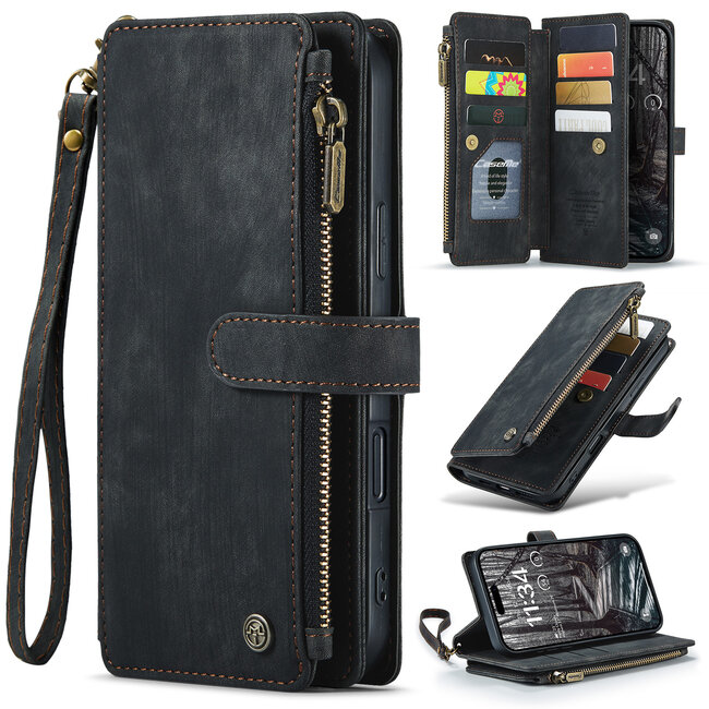CaseMe - Hoesje geschikt voor Apple iPhone 17 Pro Max - Vintage Wallet Book Case Ritssluiting - Met Magneetsluiting - Zwart