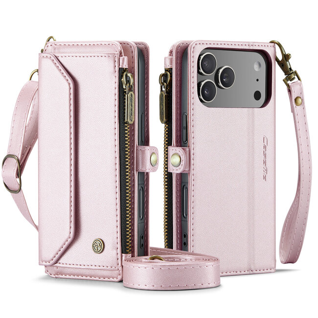 CaseMe - Telefoonhoesje geschikt voor Apple iPhone 17 Pro Max - Wallet Book Case met Schouder Strap - Roze