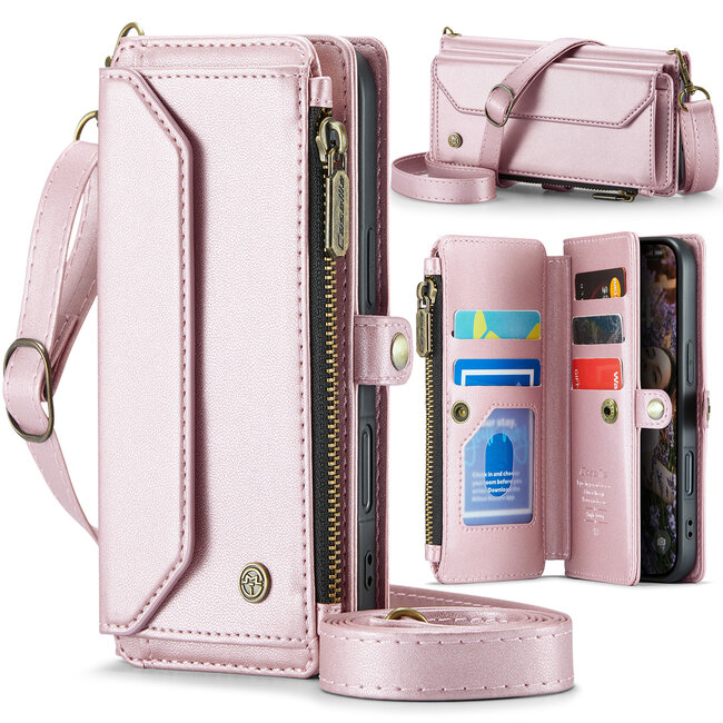 CaseMe - Telefoonhoesje geschikt voor Apple iPhone 17 Pro Max - Wallet Book Case met Schouder Strap - Roze