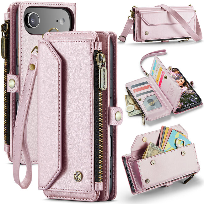 CaseMe - Telefoonhoesje geschikt voor Apple iPhone Air - Wallet Book Case met Schouder Strap - Roze