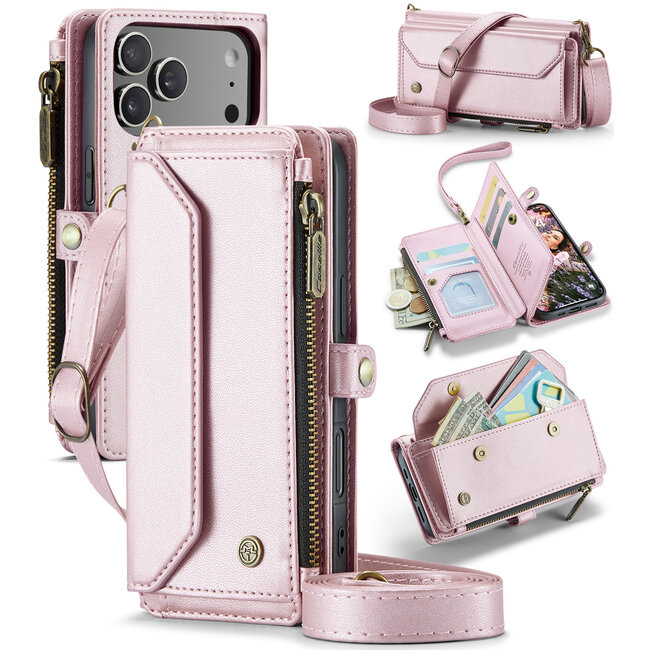 CaseMe - Telefoonhoesje geschikt voor Apple iPhone 17 Pro - Wallet Book Case met Schouder Strap - Roze