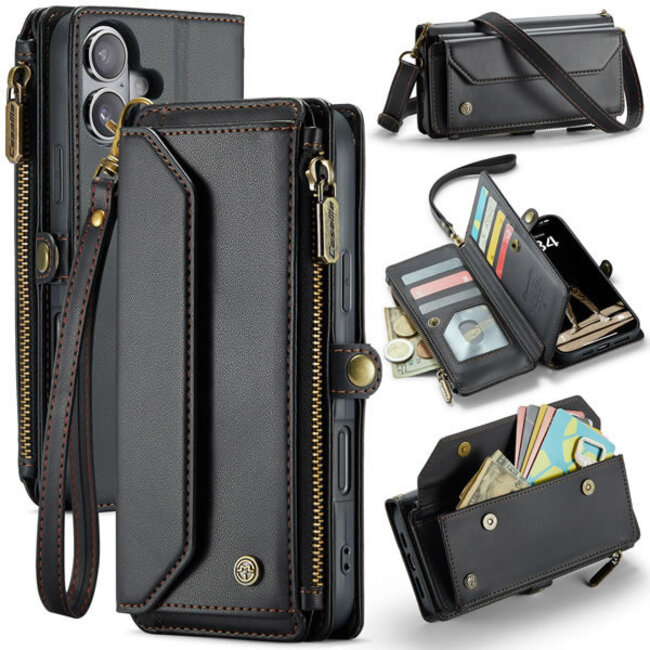 CaseMe - Telefoonhoesje geschikt voor Apple iPhone Air - Wallet Book Case met Schouder Strap - Zwart