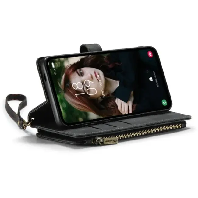 CaseMe - Hoesje geschikt voor Apple iPhone 17 - Vintage Wallet Book Case Ritssluiting - Met Magneetsluiting - Zwart