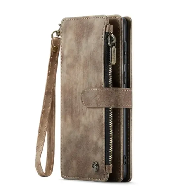 CaseMe - Hoesje geschikt voor Apple iPhone 17 - Vintage Wallet Book Case Ritssluiting - Met Magneetsluiting - Bruin