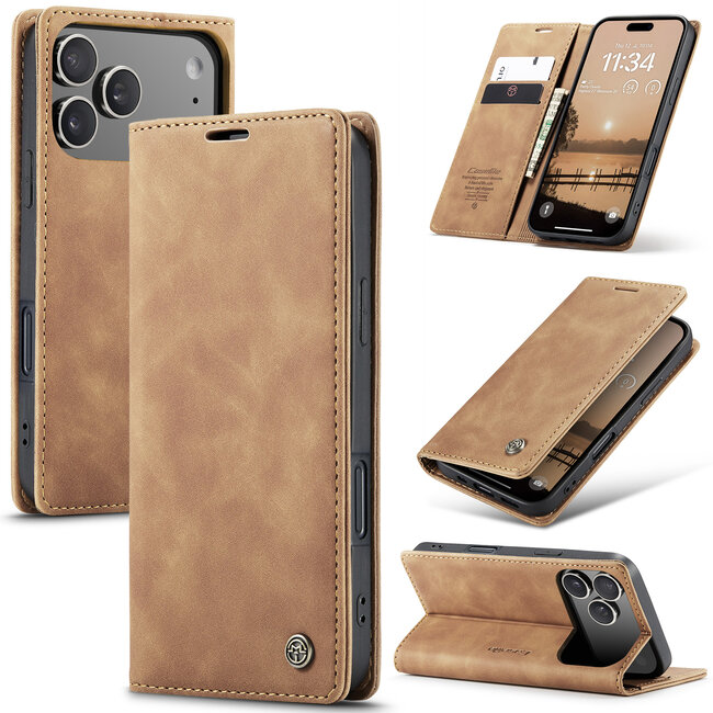 Caseme - Telefoonhoesje geschikt voor Apple iPhone 17 Pro - Wallet Book Case - Met Magnetische Sluiting - Licht Bruin