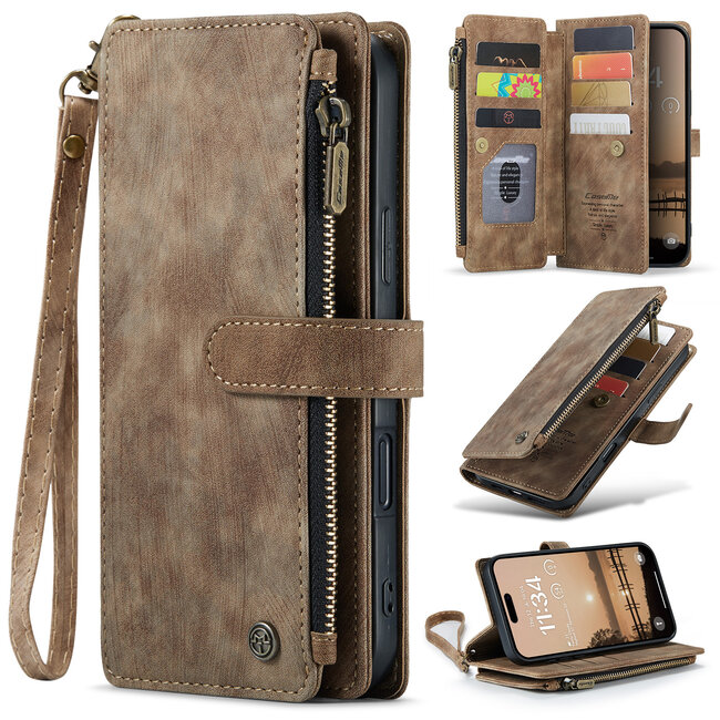 CaseMe - Hoesje geschikt voor Apple iPhone 17 Pro Max - Vintage Wallet Book Case Ritssluiting - Met Magneetsluiting - Bruin