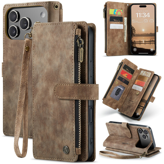 CaseMe - Hoesje geschikt voor Apple iPhone 17 Pro Max - Vintage Wallet Book Case Ritssluiting - Met Magneetsluiting - Bruin