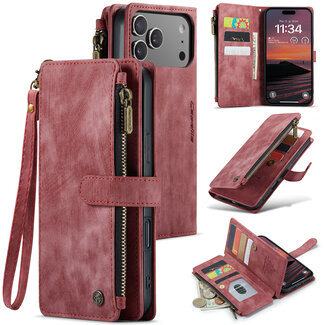 CaseMe CaseMe - Hoesje geschikt voor Apple iPhone 17 Pro - Vintage Wallet Book Case Ritssluiting - Met Magneetsluiting - Rood
