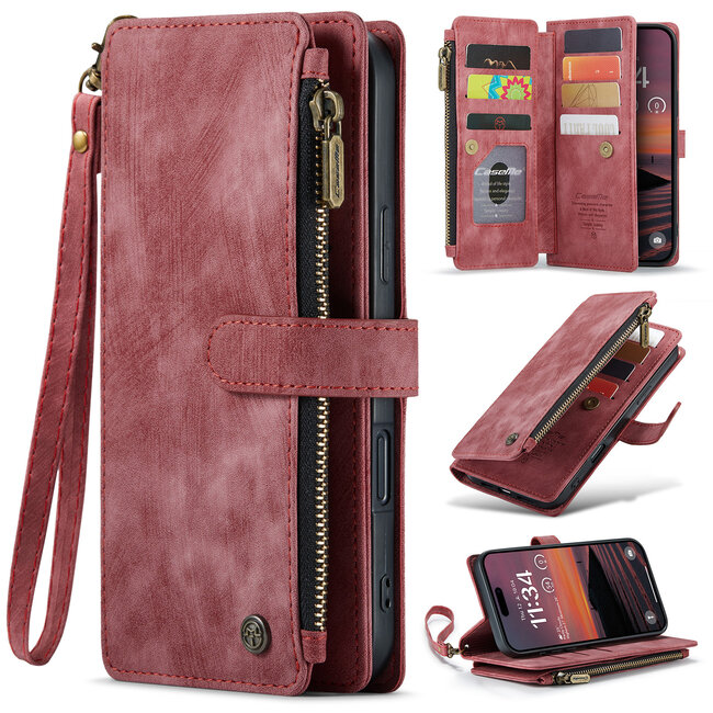 CaseMe - Hoesje geschikt voor Apple iPhone 17 Pro - Vintage Wallet Book Case Ritssluiting - Met Magneetsluiting - Rood