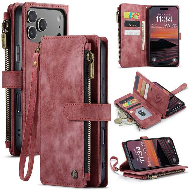 CaseMe - Hoesje geschikt voor Apple iPhone 17 Pro - Vintage Wallet Book Case Ritssluiting - Met Magneetsluiting - Rood