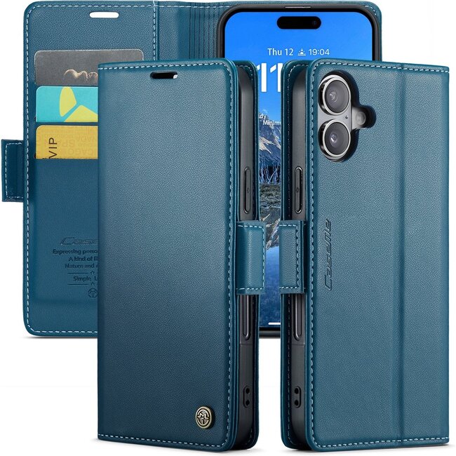 CaseMe - Hoesje geschikt voor Apple iPhone 17 - Retro Wallet Book Case - Met Magnetische Sluiting - Blauw