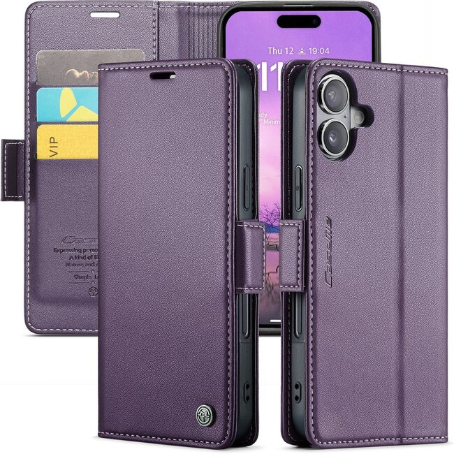 CaseMe - Hoesje geschikt voor Apple iPhone 17 - Retro Wallet Book Case - Met Magnetische Sluiting - Paars