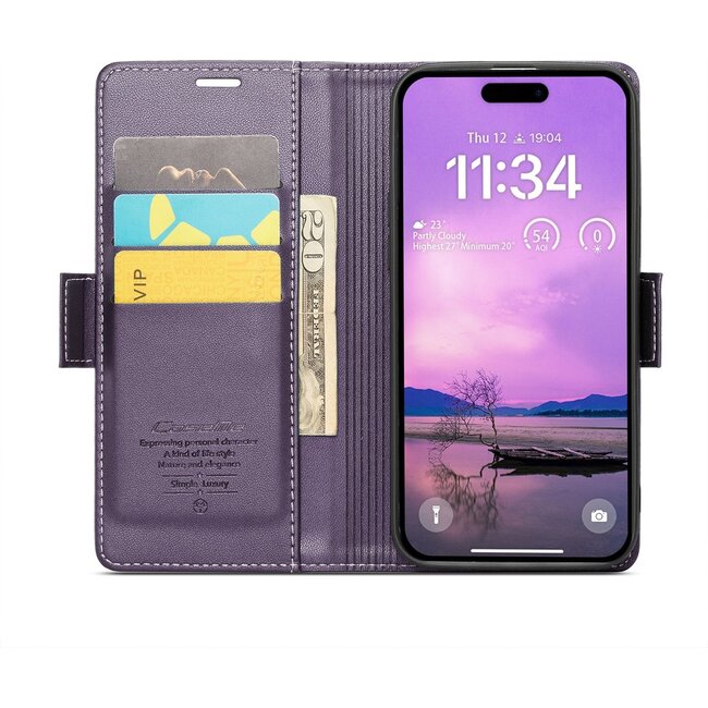 CaseMe - Hoesje geschikt voor Apple iPhone 17 - Retro Wallet Book Case - Met Magnetische Sluiting - Paars