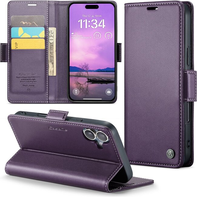 CaseMe - Hoesje geschikt voor Apple iPhone 17 - Retro Wallet Book Case - Met Magnetische Sluiting - Paars