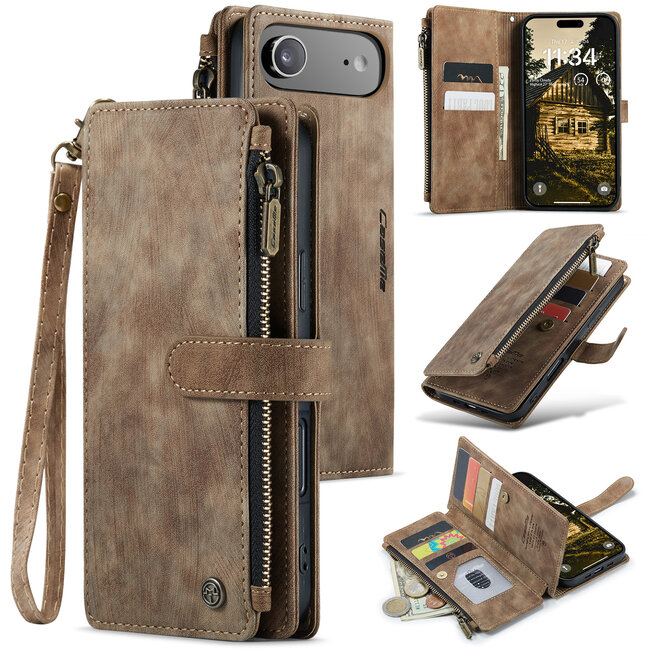CaseMe - Hoesje geschikt voor Apple iPhone Air- Vintage Wallet Book Case Ritssluiting - Met Magneetsluiting - Bruin