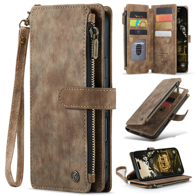 CaseMe - Hoesje geschikt voor Apple iPhone Air- Vintage Wallet Book Case Ritssluiting - Met Magneetsluiting - Bruin