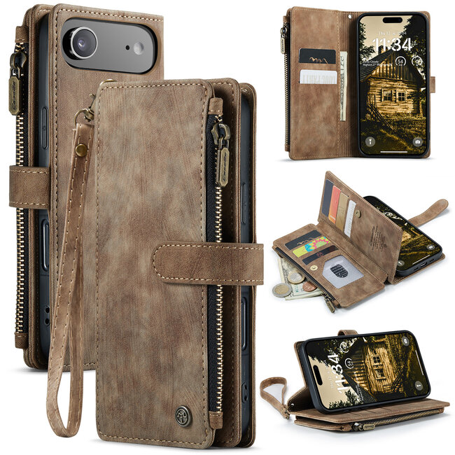 CaseMe - Hoesje geschikt voor Apple iPhone Air- Vintage Wallet Book Case Ritssluiting - Met Magneetsluiting - Bruin