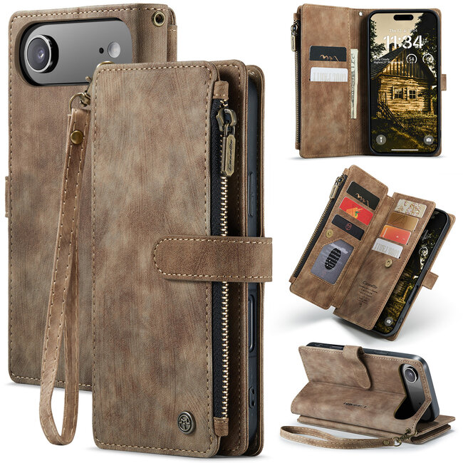 CaseMe - Hoesje geschikt voor Apple iPhone Air- Vintage Wallet Book Case Ritssluiting - Met Magneetsluiting - Bruin