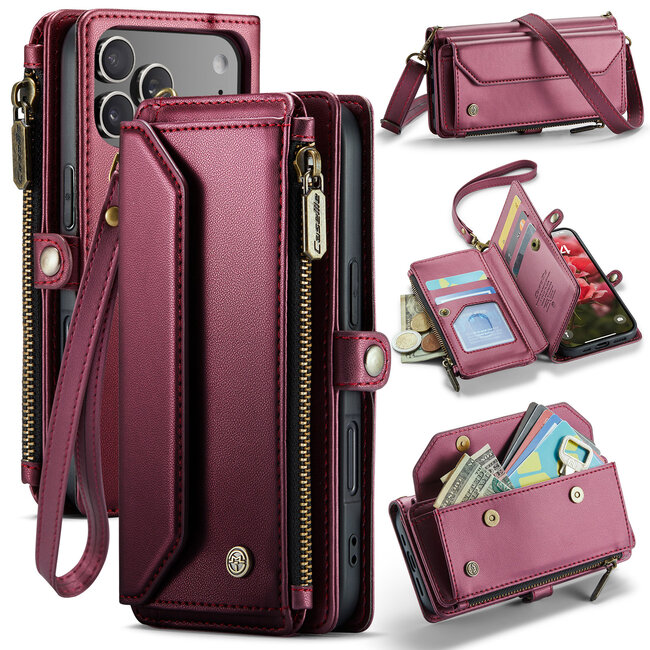 CaseMe - Telefoonhoesje geschikt voor Apple iPhone 17 Pro - Wallet Book Case met Schouder Strap - Rood