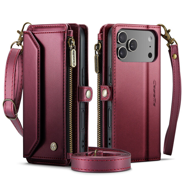 CaseMe - Telefoonhoesje geschikt voor Apple iPhone 17 Pro - Wallet Book Case met Schouder Strap - Rood