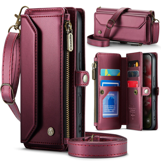CaseMe - Telefoonhoesje geschikt voor Apple iPhone 17 Pro - Wallet Book Case met Schouder Strap - Rood