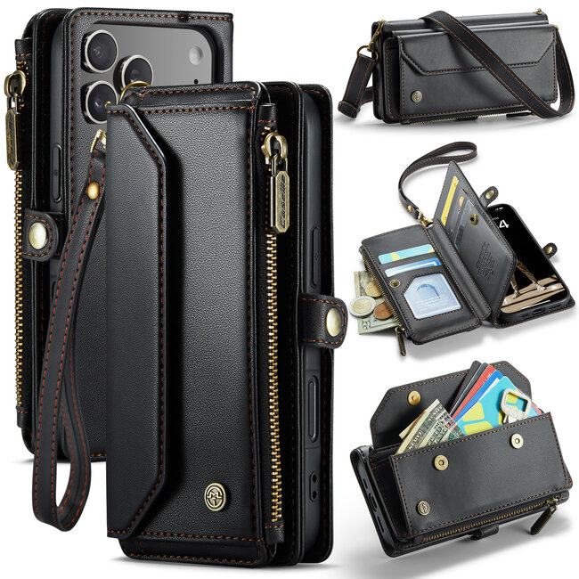 CaseMe - Telefoonhoesje geschikt voor Apple iPhone 17 Pro - Wallet Book Case met Schouder Strap - Zwart