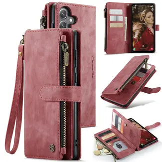 CaseMe CaseMe - Hoesje geschikt voor Apple iPhone 17 - Vintage Wallet Book Case Ritssluiting - Met Magneetsluiting - Rood